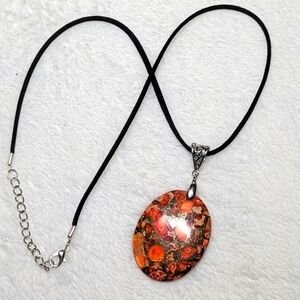 Lovely Large Oval Painted Jasper Necklace/Pendant on Black Adustable Cord